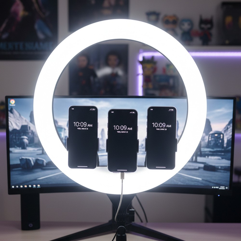 Led Ring Light Med Stativ   55w, ø44cm, 3 Telefonholdere, Fjernbetjening, 3200k 5800k   Kulør : 3 I 1 fra V-tac