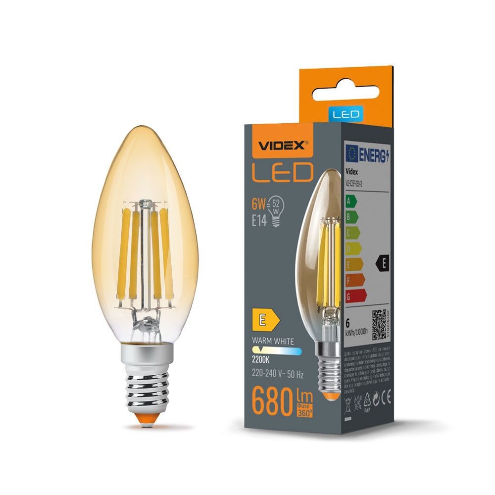 C35 Led Pære 6w E14   Kultråddesign, Ravfarvet, Ekstra Varm Hvid, 230v, 680lm, Forbrug 6w   Kulør : Ekstra Varm fra Videx