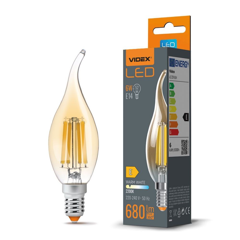 C35 Led Pære 6w E14   Kultrådfarvet, Flamme, Ravfarvet, Ekstra Varm Hvid, 230v, 680lm   Kulør : Ekstra Varm fra Videx