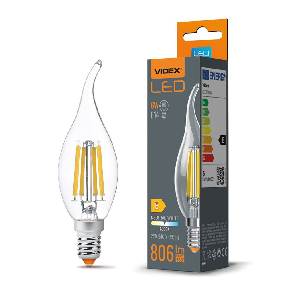 C35 Led Pære 6w E14   Kultrådsflamme, Neutral Hvid, 230v, 806lm   Kulør : Neutral fra Videx