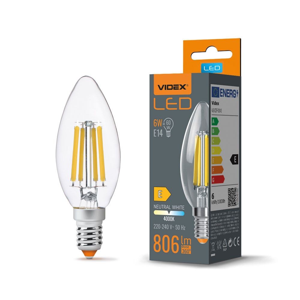 C35 Led Pære 6w E14   Kultråd, Neutral Hvid, 230v, 806lm   Kulør : Neutral fra Videx