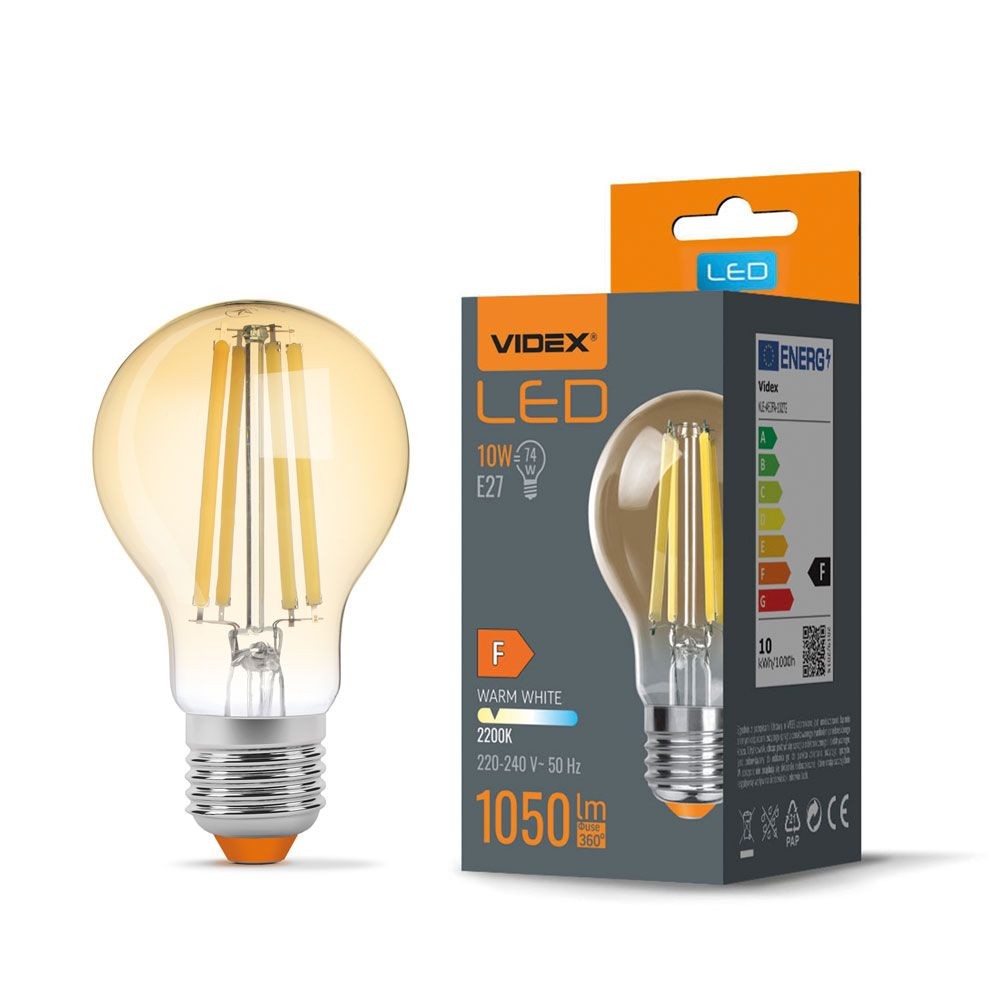 A60 Led Pære 10w E27   Kultråddesign, Ravfarvet, Ekstra Varm Hvid, 230v, 1050lm, Forbrug 10w   Kulør : Ekstra Varm fra Videx