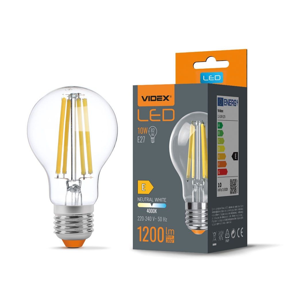 A60 Led Pære 10w E27   Kultråd, Neutral Hvid, 230v, 1200lm, Forbrug 10w   Kulør : Neutral fra Videx