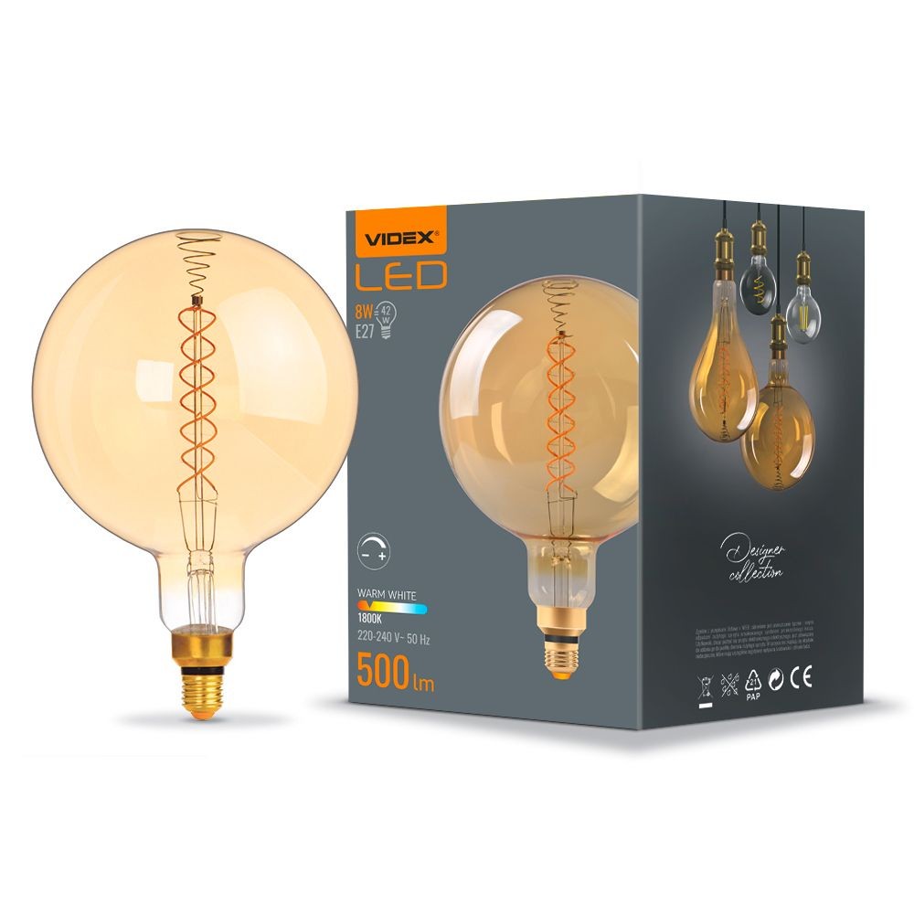 G200 Led Pære 8w E27   Kultråd, Dæmpbar, Spiral, Ravfarvet, Ekstra Varm Hvid, 230v, 500lm   Dæmpbar : Dæmpbar, Kulør : Ekstra Varm fra Videx