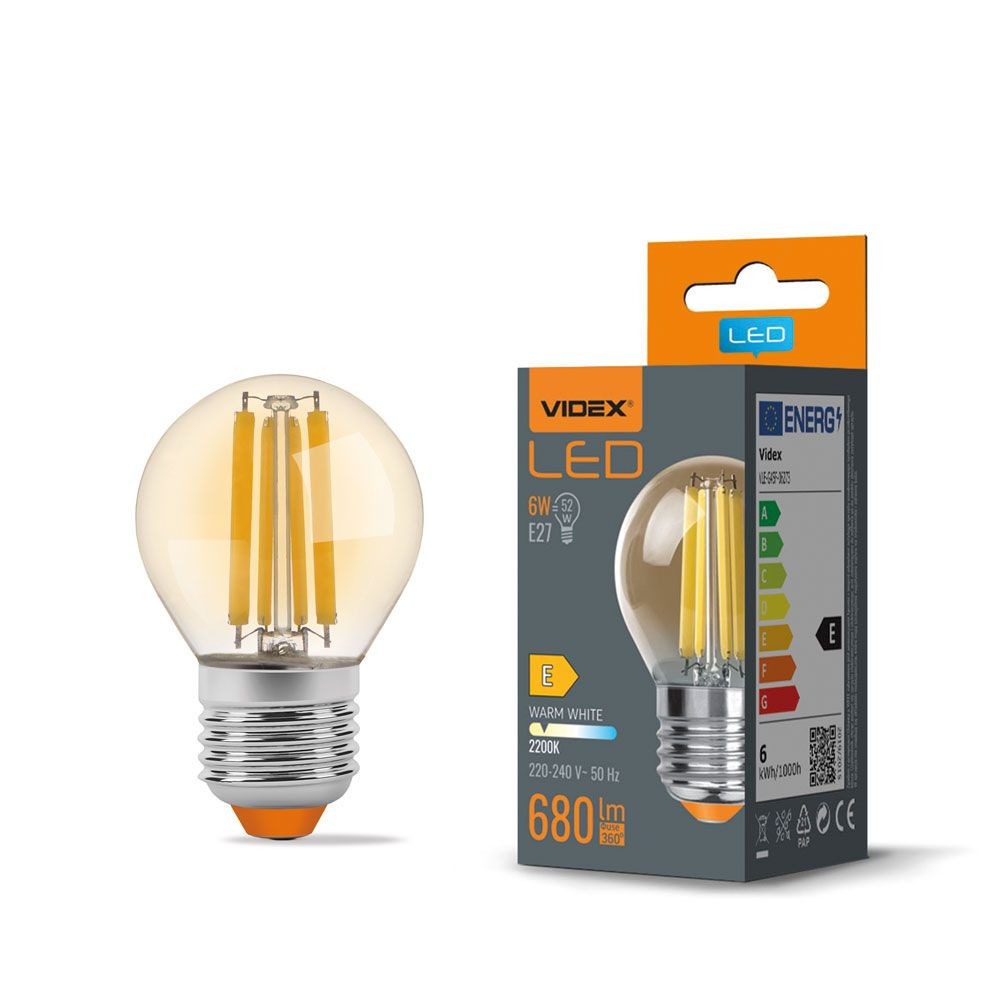 G45 Led Pære 6w E27   Kultråddesign, Ravfarvet, Ekstra Varm Hvid, 230v, 680lm, Forbrug 6w   Kulør : Ekstra Varm fra Videx