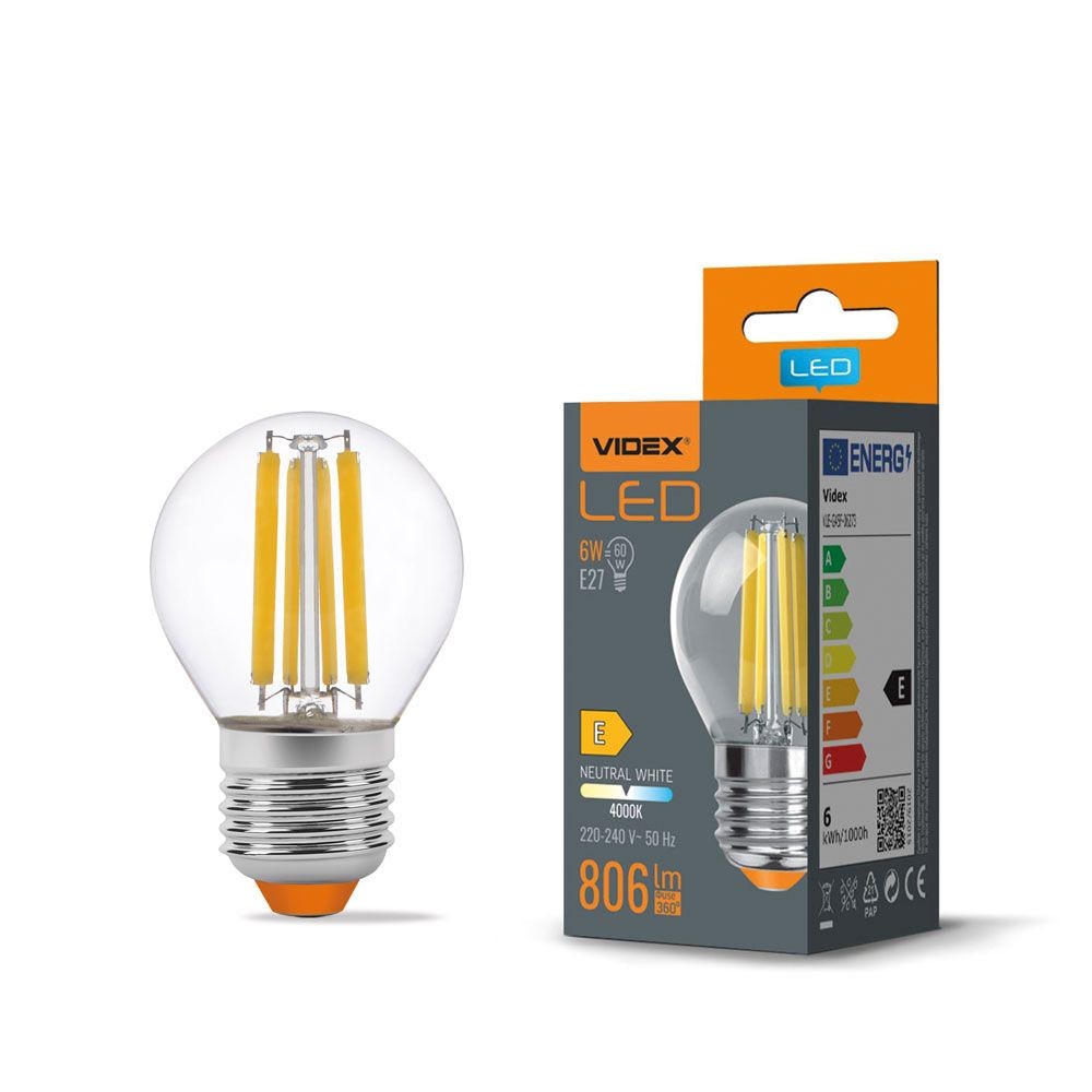G45 Led Pære 6w E27   Kultråd, Neutral Hvid, 230v, 806 Lm   Kulør : Neutral fra Videx