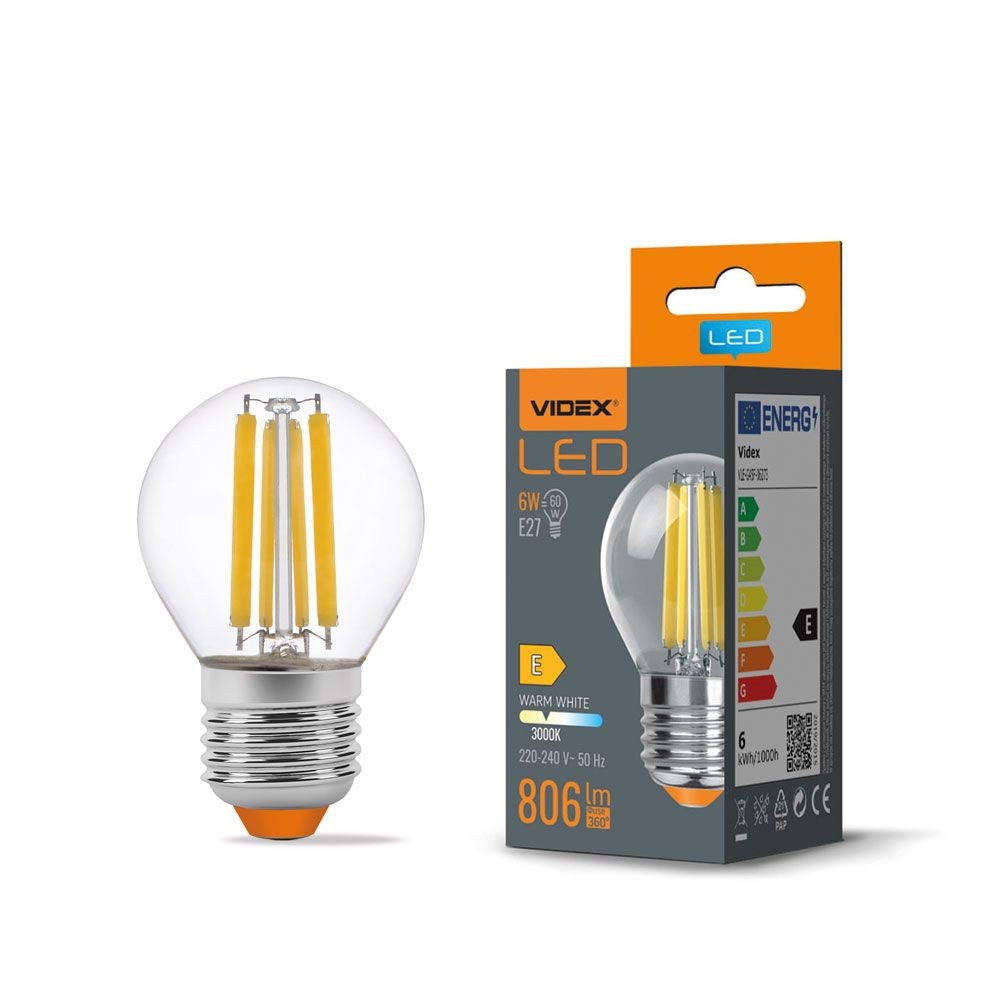 G45 Led Pære 6w E27   Kultråd, Varm Hvid, 230v, 806lm   Kulør : Varm fra Videx