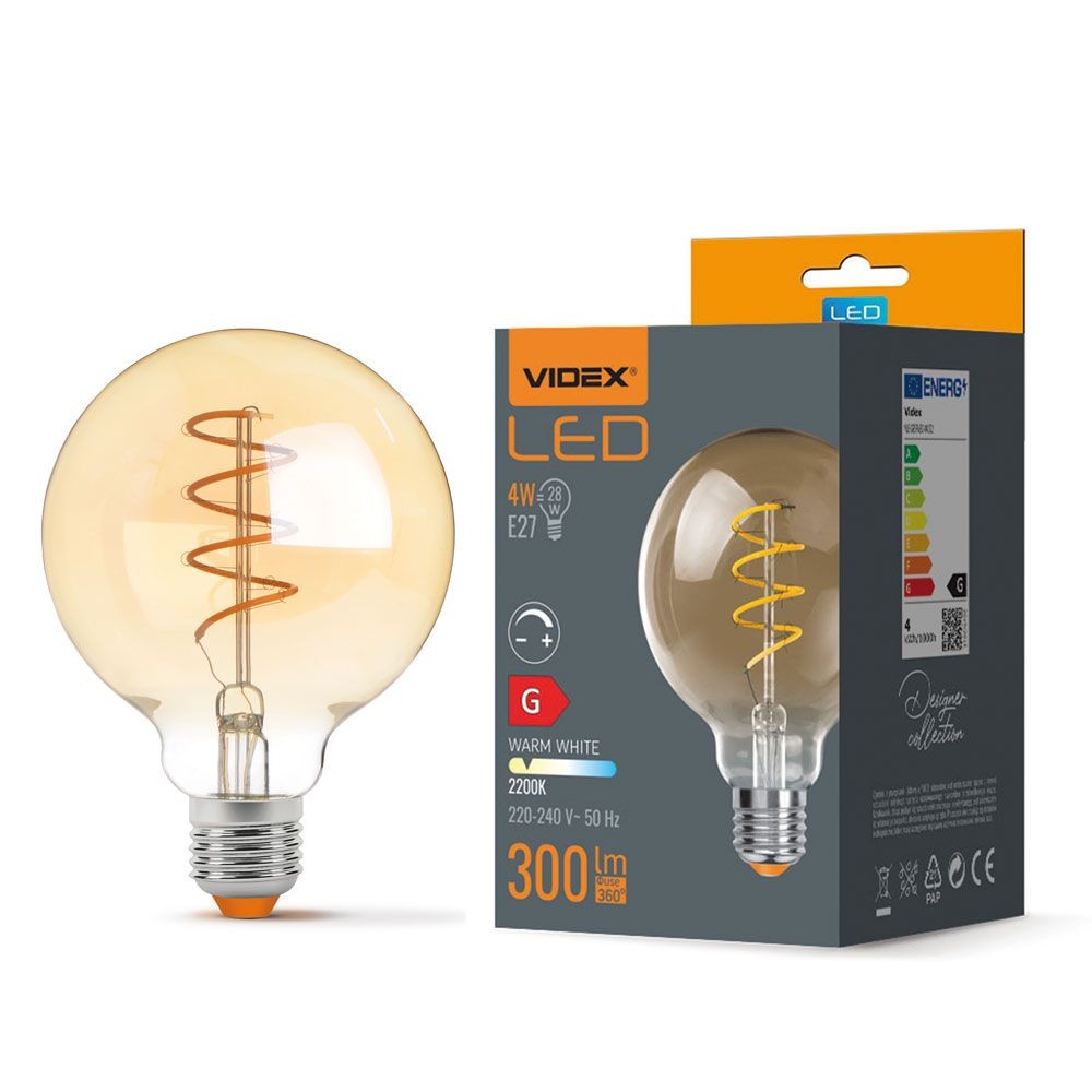 G95 Led Pære 4w E27   Kultråddæmpbar Spiral, Ravfarvet, Ekstra Varm Hvid, 230v, 300lm, Forbrug 4w   Dæmpbar : Dæmpbar, Kulør : Ekstra Varm fra Videx
