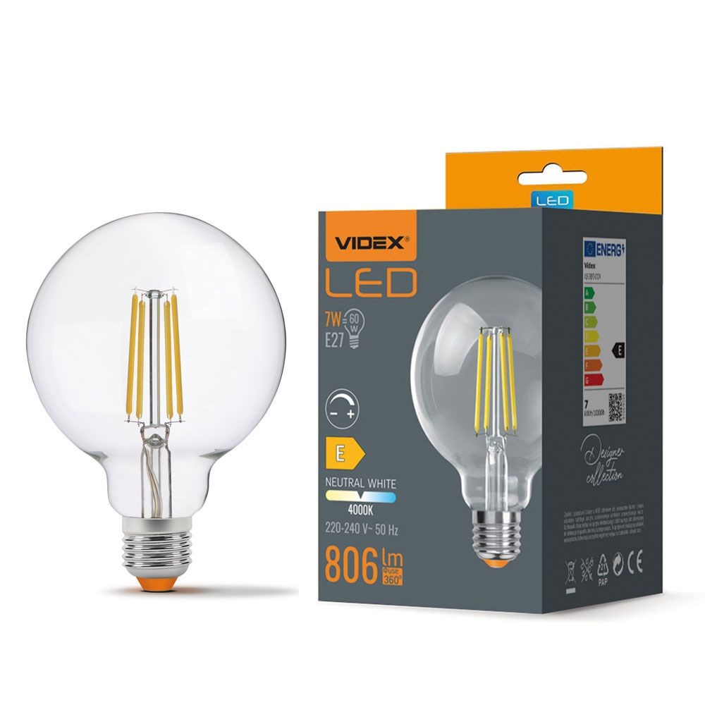 G95 Led Pære 7w E27   Kultråddæmpbar, Neutral Hvid, 230v, 806lm   Dæmpbar : Dæmpbar, Kulør : Neutral fra Videx