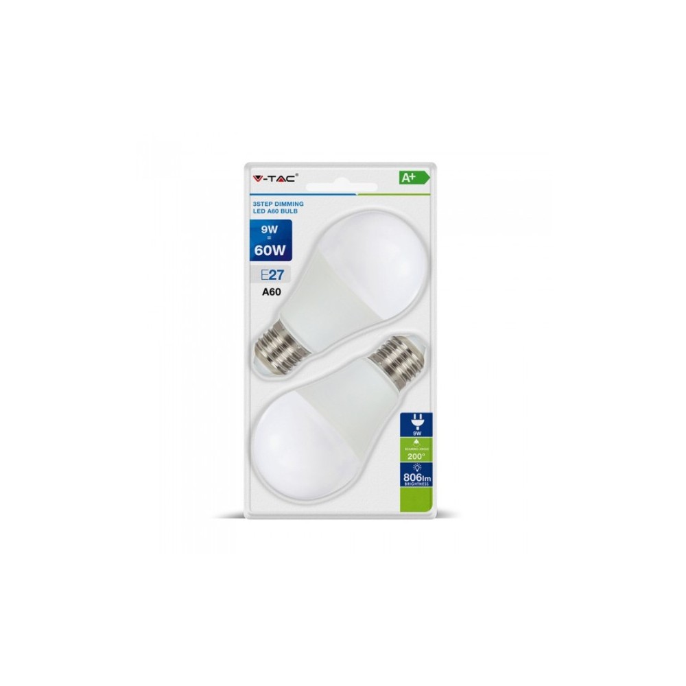 V Tac 9w Led Pære 3 Trin Dæmpbar, A60, On Off Dæmpbar, E27 Dæmpbar : 3 Step, Kulør : Varm fra V-tac