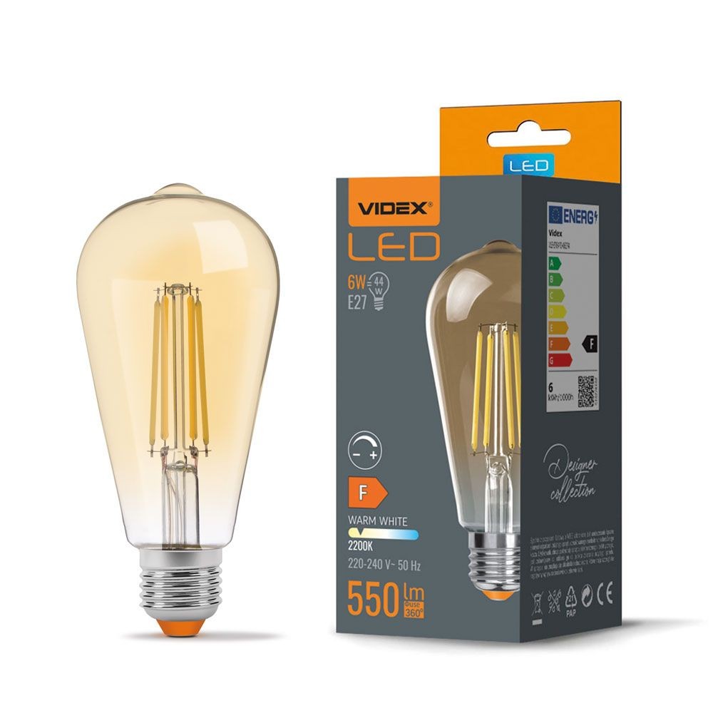 St64 Led Pære 6w E27   Kultråd, Dæmpbar, Ravfarvet, Ekstra Varm Hvid, 230v, 550lm   Dæmpbar : Dæmpbar, Kulør : Ekstra Varm fra Videx