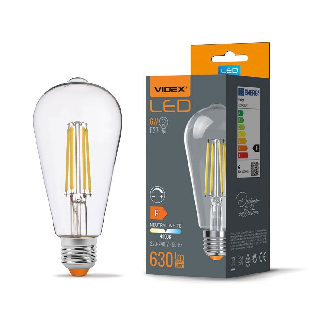 St64 Led Pære 6w E27   Kultråd, Dæmpbar, Neutral Hvid, 230v, 630lm   Dæmpbar : Dæmpbar, Kulør : Neutral fra Videx