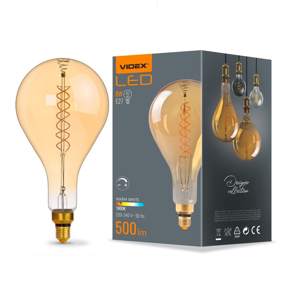 8w Kultråd Led Pære   Dæmpbar, Spiral, Ravfarvet, Ekstra Varm Hvid, E27, 230v   Dæmpbar : Dæmpbar, Kulør : Ekstra Varm fra Videx