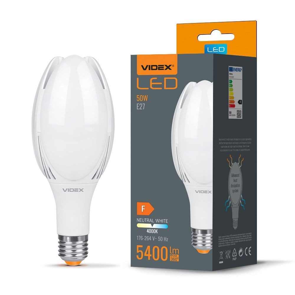 A108 Led Pære 50w E27   Neutral Hvid, 230v, 5400 Lm   Kulør : Neutral fra Videx