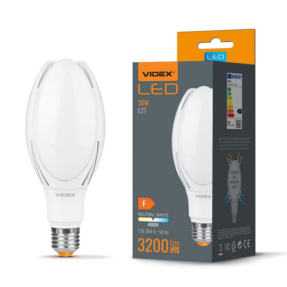 A96 Led Pære 30w E27   Neutral Hvid, 230v, 3200lm   Kulør : Neutral fra Videx