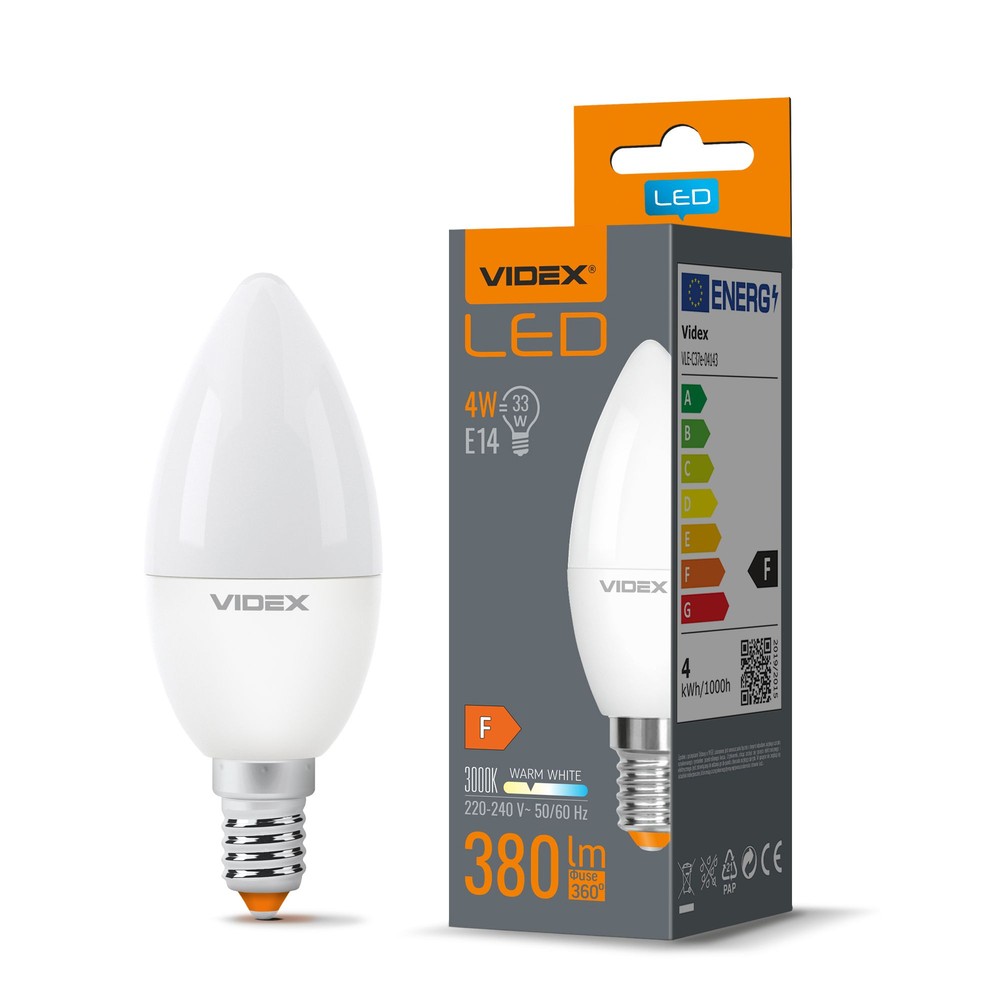 C37 Led Pære 4w E14   Varm Hvid, 230v, 380 Lm, Forbrug 4w   Kulør : Varm fra Videx