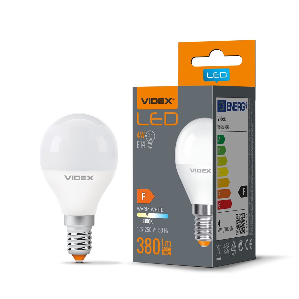 G45 Led Pære 4w E14   Varm Hvid, 230v, 380 Lm   Kulør : Varm fra Videx