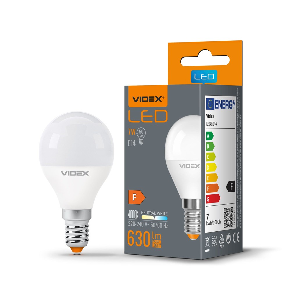 G45 Led Pære 7w E14   Neutral Hvid, 230v, 630lm, Forbrug 7w   Kulør : Neutral fra Videx