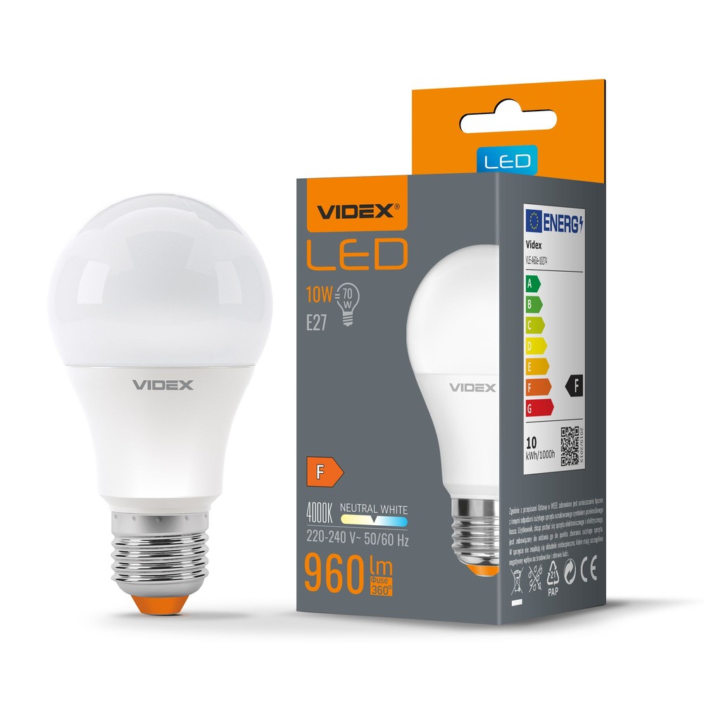 A60 Led Pære 10w E27   Neutral Hvid, 230v, 960lm, Forbrug 10w   Kulør : Neutral fra Videx