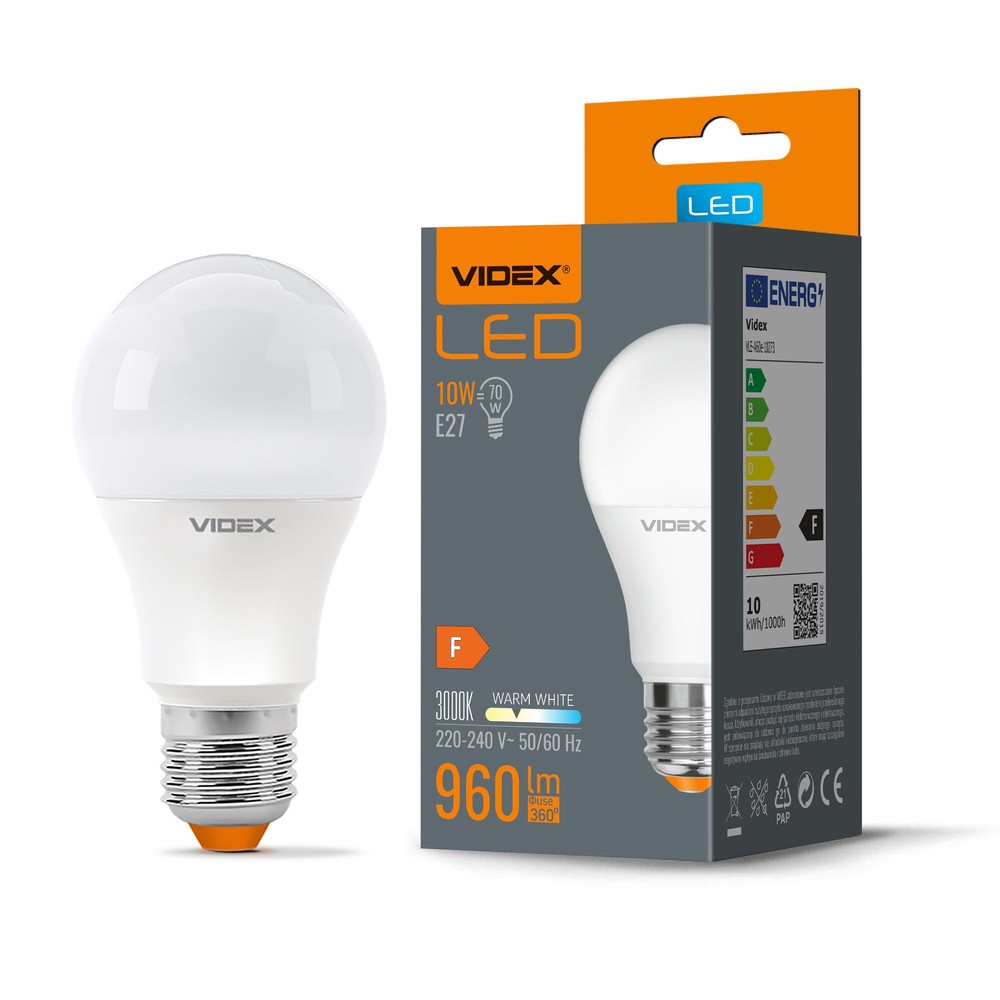 A60 Led Pære 10w E27   Varm Hvid, 230v, 960lm, Forbrug 10w   Kulør : Varm fra Videx