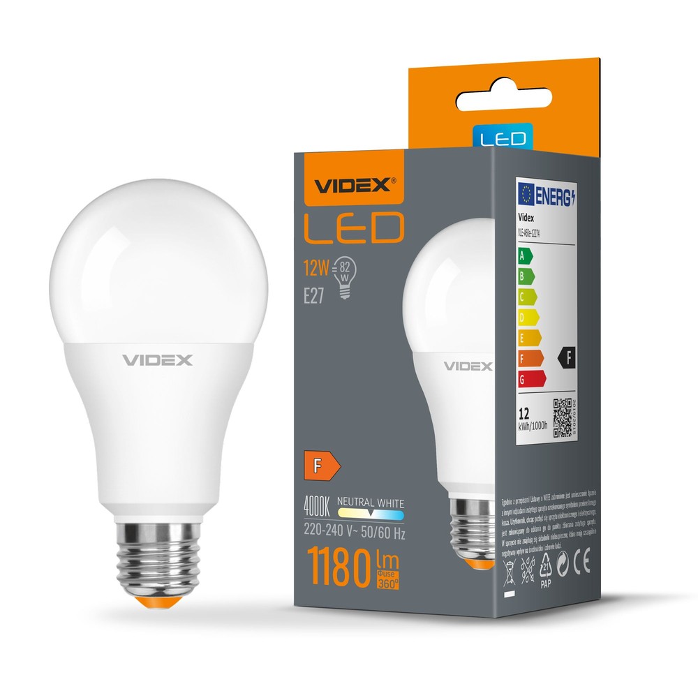 A60 Led Pære 12w E27   Neutral Hvid, 230v, 1180lm, Forbrug 12w   Kulør : Neutral fra Videx