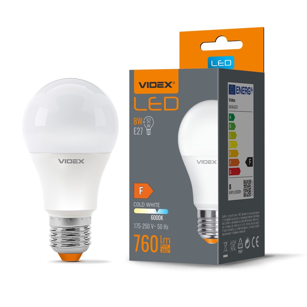 A60 Led Pære 8w E27   Kold Hvid, 230v, 760lm, Forbrug 8w   Kulør : Kold fra Videx