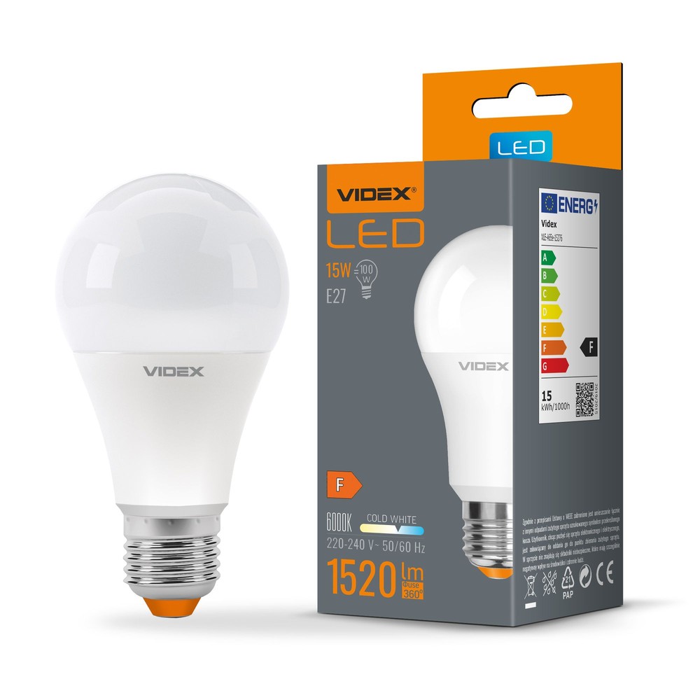 A65 Led Pære 15w E27   Kold Hvid, 230v, 1520lm, Forbrug 15w   Kulør : Kold fra Videx