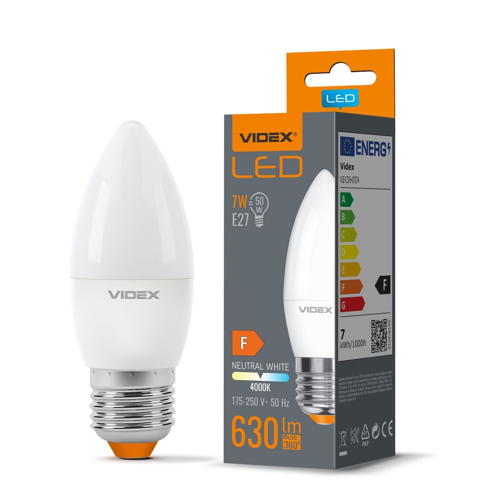 C37 Led Pære 7w E27   Neutral Hvid, 230v, 630lm   Kulør : Neutral fra Videx
