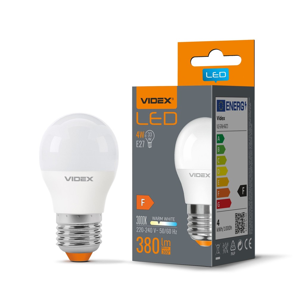 E27 4w Led Pære  G45 Varm Hvid, 230v, 380 Lm   Kulør : Varm fra Videx