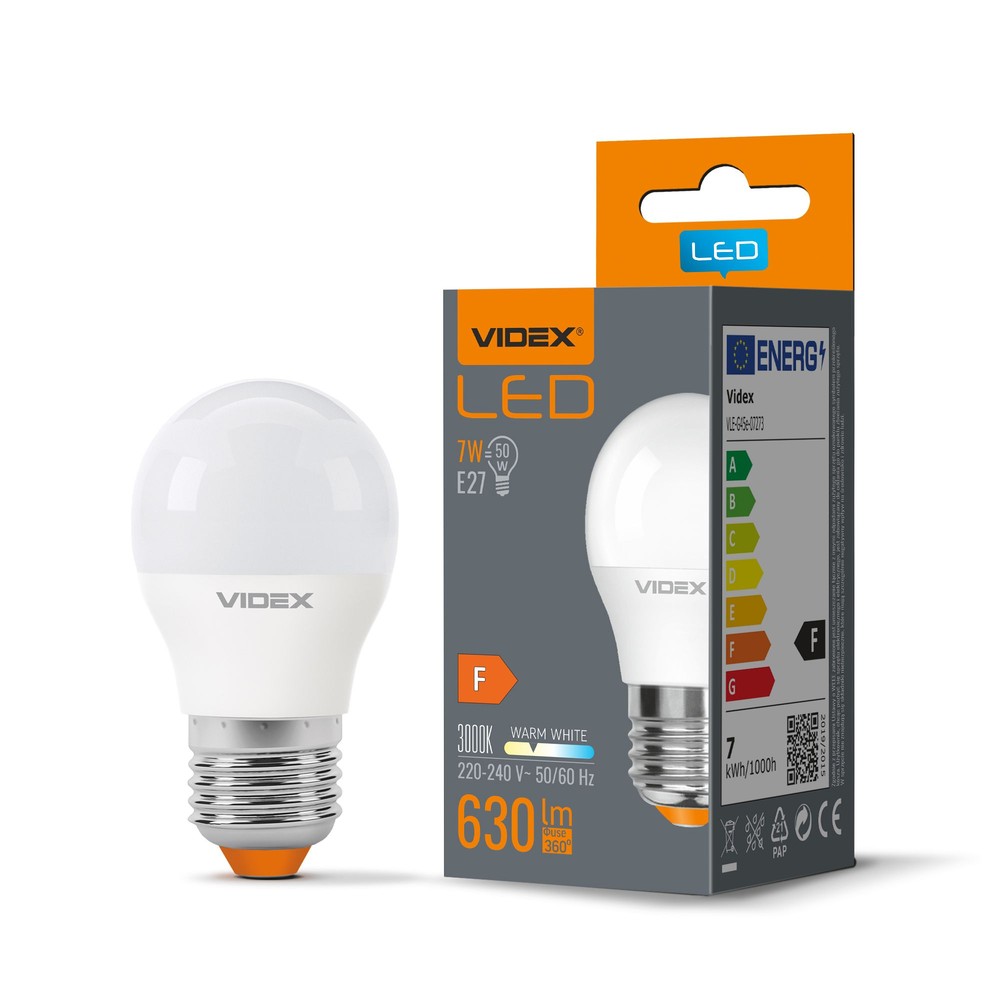 G45 Led Pære 7w E27   Varm Hvid, 230v, 630lm, Forbrug 7w   Kulør : Varm fra Videx