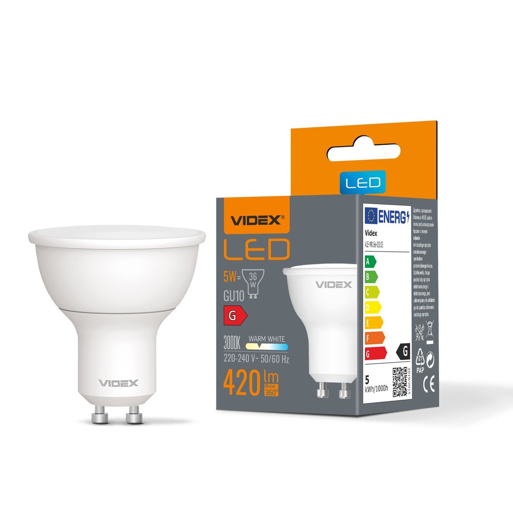 5w Led Gu10 Spot   Varm Hvid, 230v   Kulør : Varm fra Videx