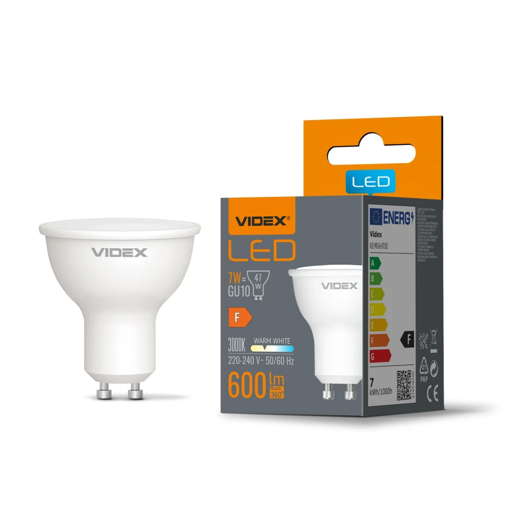 Gu10 Led Pære 7w Varm Hvid, 230v, 600lm, Forbrug 7w Kulør : Varm fra Videx