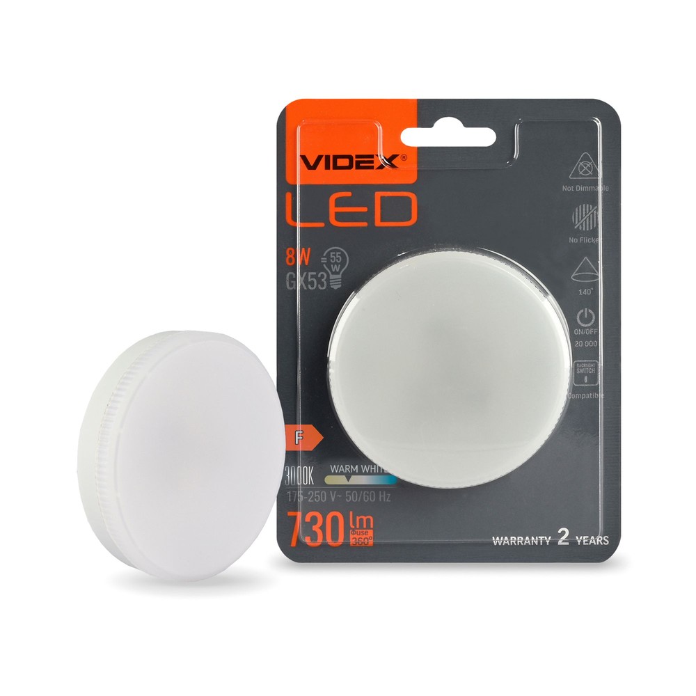 8w Gx53 Led Pære   Varm Hvid, 230v   Kulør : Varm fra Videx