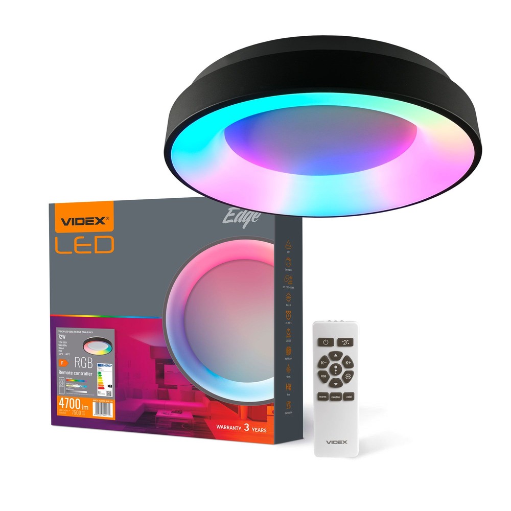 Edge Loftlampe 72w   Led, Dæmpbar, Med Fjernbetjening, Rgb, Sort, 230v, Lysstyrke 7500, Forbrug 72   Dæmpbar : Via Fjernbetjening, Kulør : Kold fra Videx