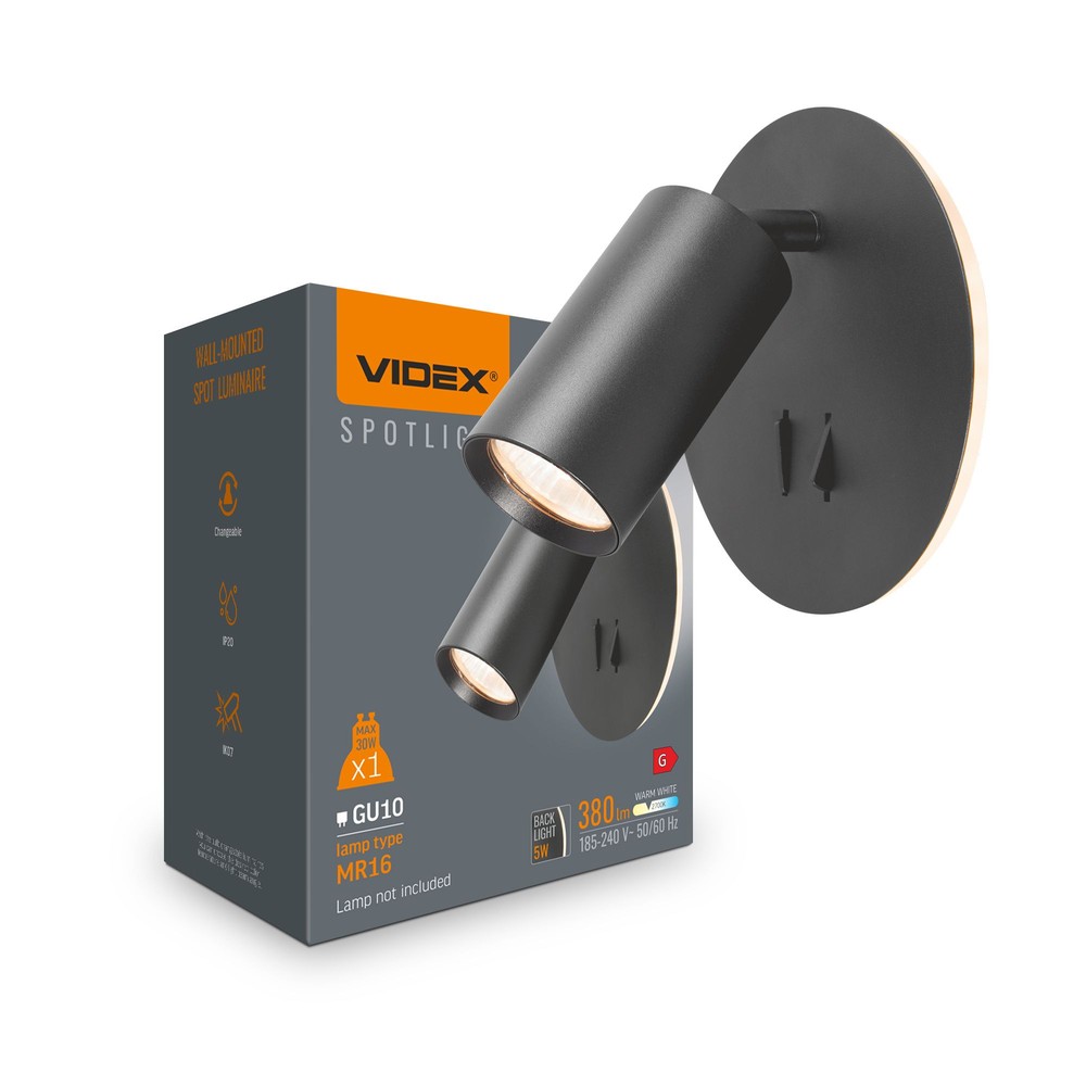 Vægbeslagspotlampe   Spænding: 230v, Lysstyrke: 380, Forbrug: 5w (back Light) + Max 30   Kulør : Varm fra Videx