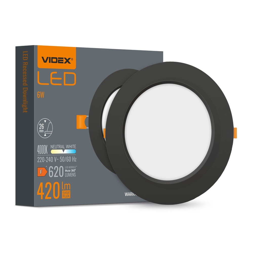 Led Indbygningsspot 6w   Rund, Sort, Neutral Hvid, 230v, 620lm   Kulør : Neutral fra Videx
