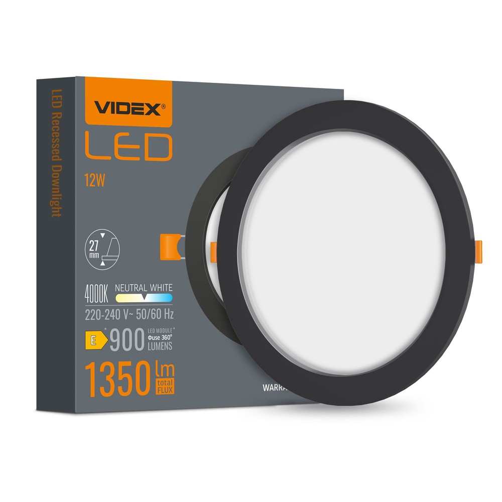 Led Indbygningsspot 12w   Rund, Sort, Neutral Hvid, 230v, 1350lm   Kulør : Neutral fra Videx