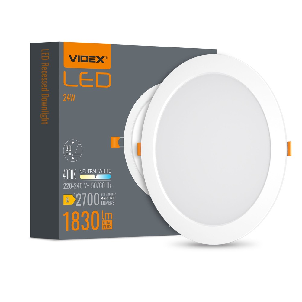 Led Indbygningsspot 24w   Rund, Neutral Hvid, 230v, 2700lm   Kulør : Neutral fra Videx