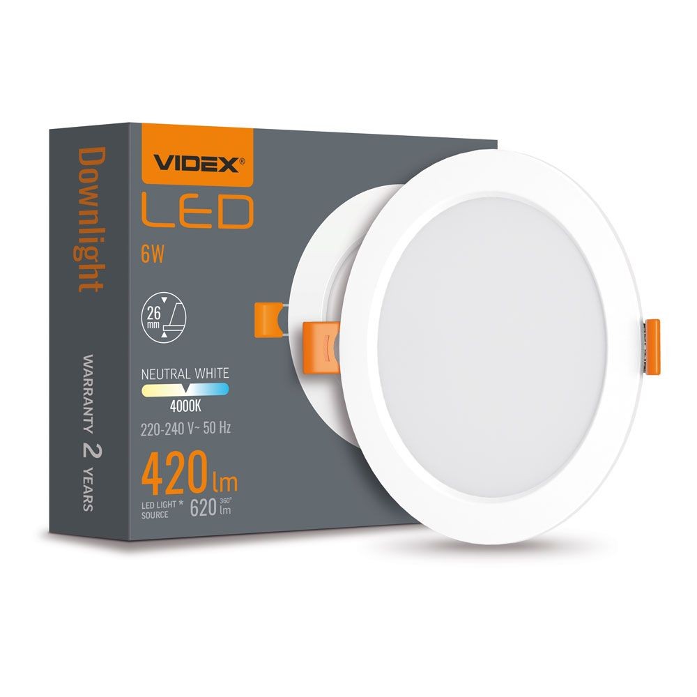 Led Downlight 6w   Rund, Neutral Hvid, 230v, 620lm   Kulør : Neutral fra Videx