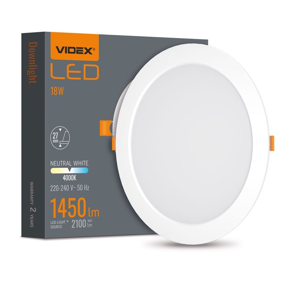 Led Downlight 18w   Rund, Neutral Hvid, 230v, 2100lm   Kulør : Neutral fra Videx