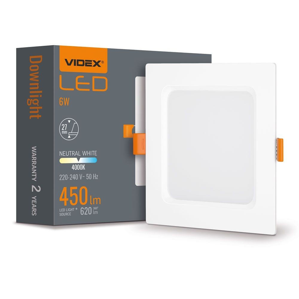 Led Downlight 6w   Firkantet, Neutral Hvid, 230v, 620lm, Forbrug 6w   Kulør : Neutral fra Videx