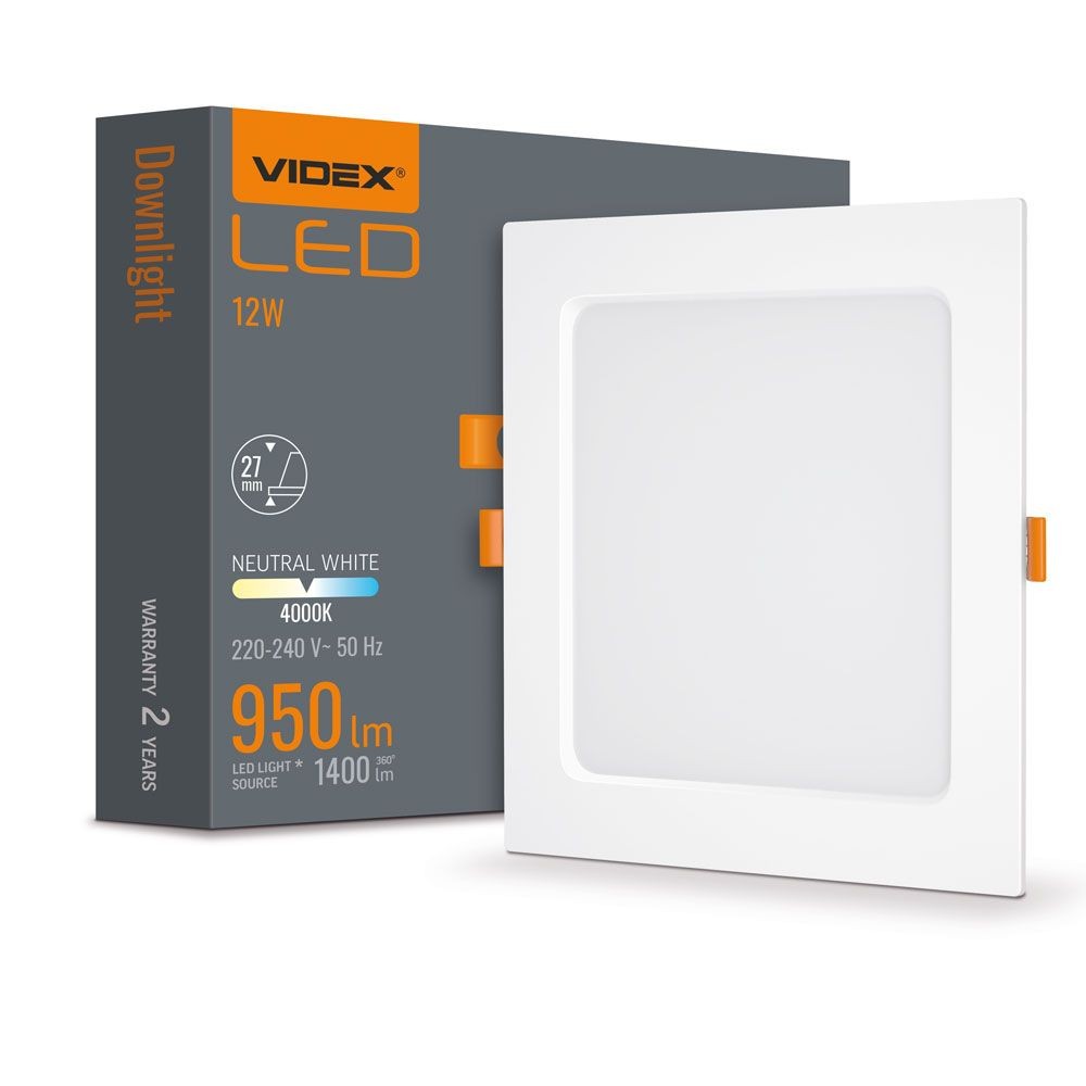 Led Downlight 12w   Firkantet, Neutral Hvid, 230v, 1400lm, Forbrug 12w   Kulør : Neutral fra Videx