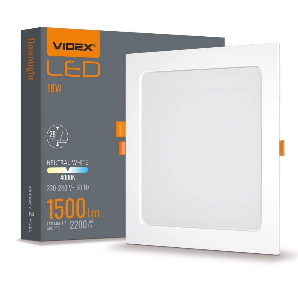 Led Downlight 18w   Firkantet, Neutral Hvid, 230v, 2200lm, Forbrug 18w   Kulør : Neutral fra Videx