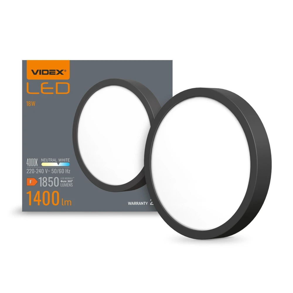 Led Loftlampe 18w   Rundt, Sort, Neutral Hvid, 230v, 1850lm   Kulør : Neutral fra Videx