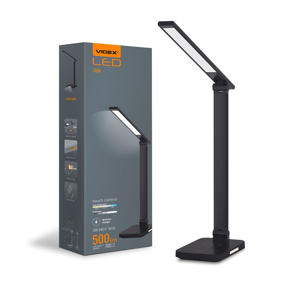 Led Skrivebordslampe   Med Trådløs Opladning, Sort, 230v, 700lm, 18w   Dæmpbar : Dæmpbar, Kulør : Ekstra Varm fra Videx