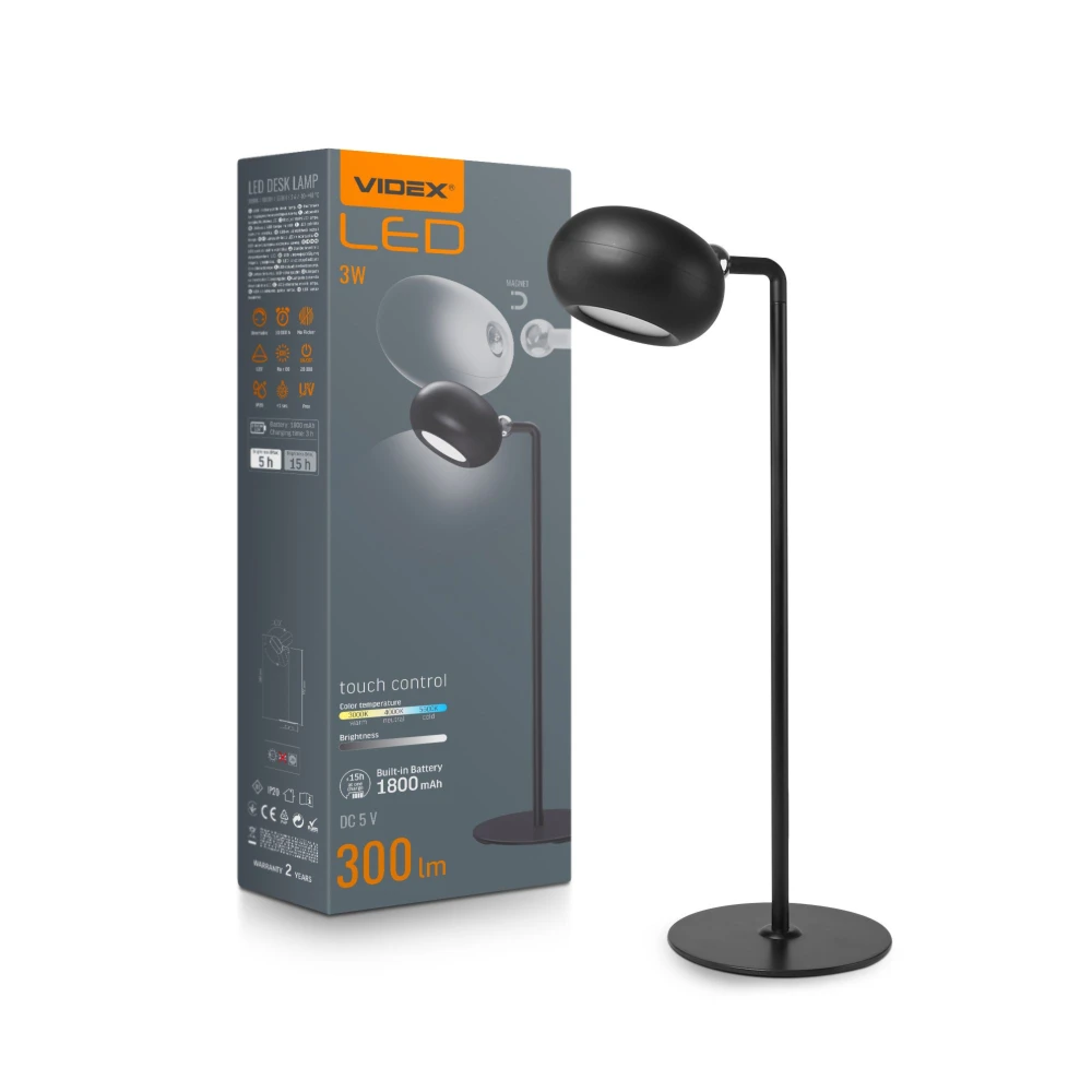 Led Genopladelig Bordlampe   Sort, Forbrug: 3   Dæmpbar : 3 Step, Kulør : Neutral fra Videx