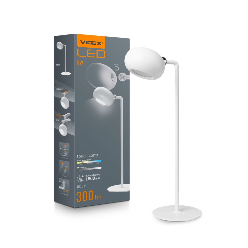 Led Bordlampe Genopladelig, Hvid, Forbrug: 3 Dæmpbar : 3 Step, Kulør : Neutral fra Videx