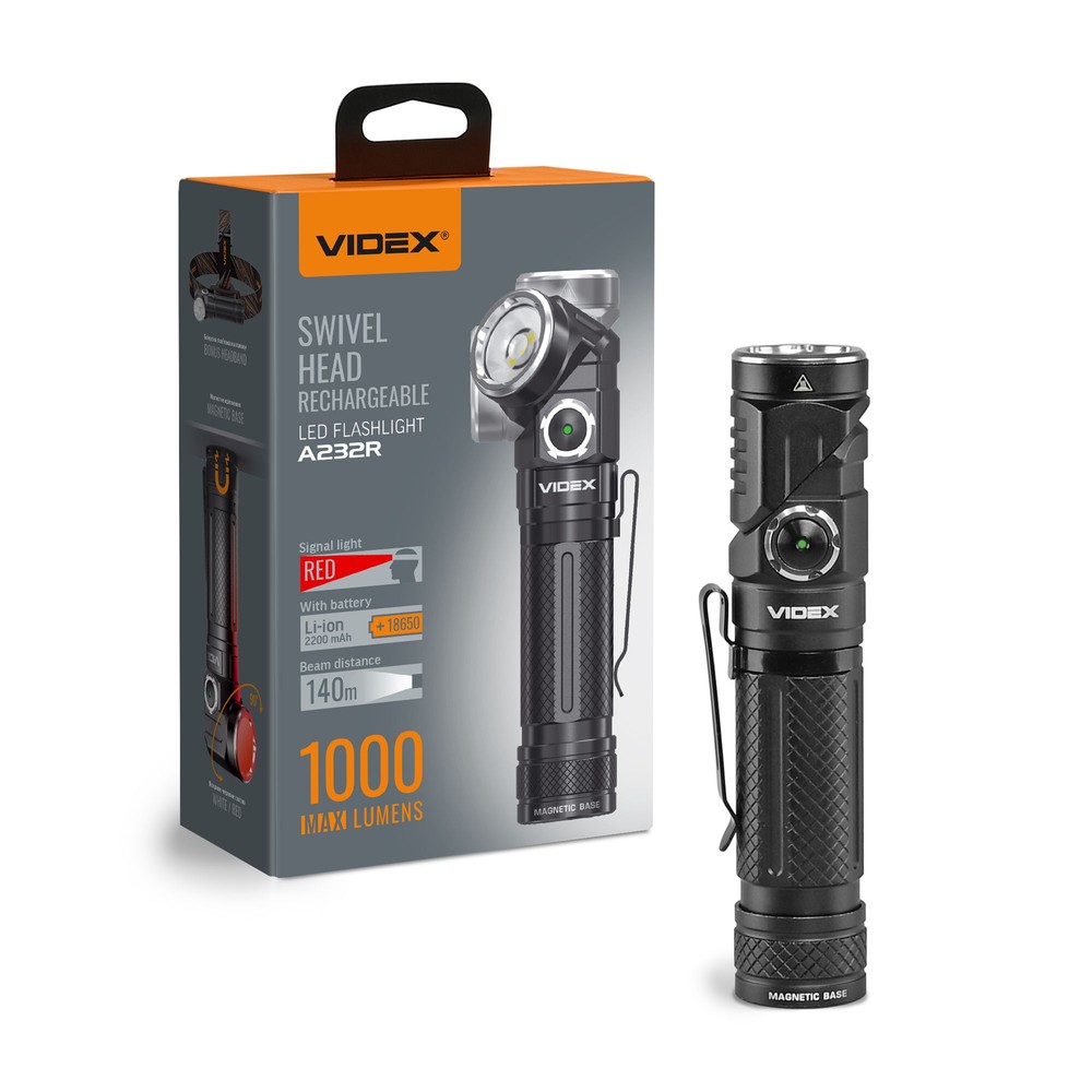 Led Lommelygte, Genopladelig   Magnetisk, 1000lm, Usb C, Roterbar, Hvid+rød Lys   Kulør : Neutral fra Videx