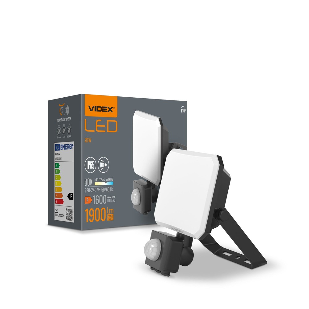 Flood Led Strålelys 20w   Med Bevægelsessensor, Pir, 5000k, 230v, 1600lm   Kulør : Neutral fra Videx