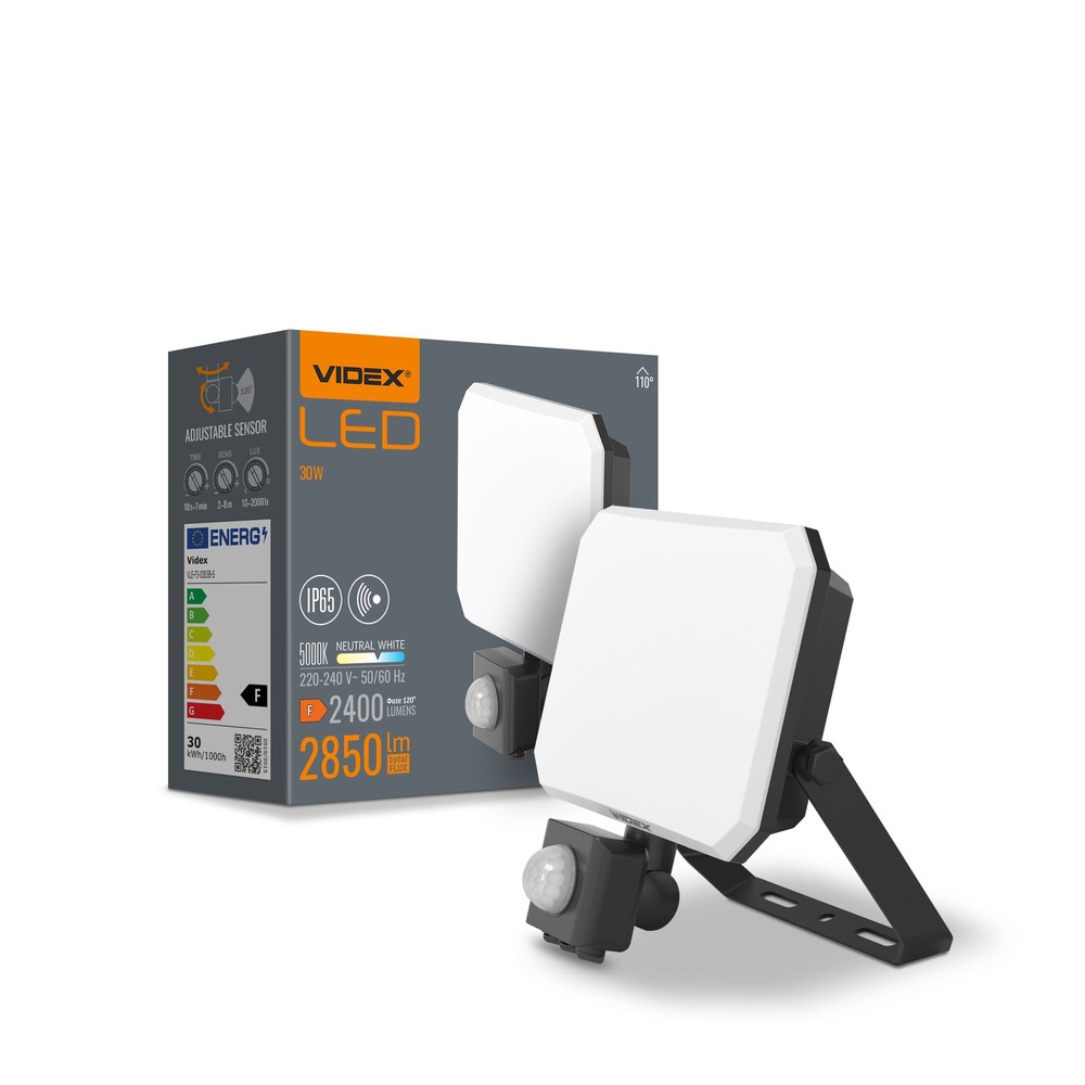 30w Led Projektør   Med Bevægelsessensor, Pir, 5000k, 230v   Kulør : Neutral fra Videx